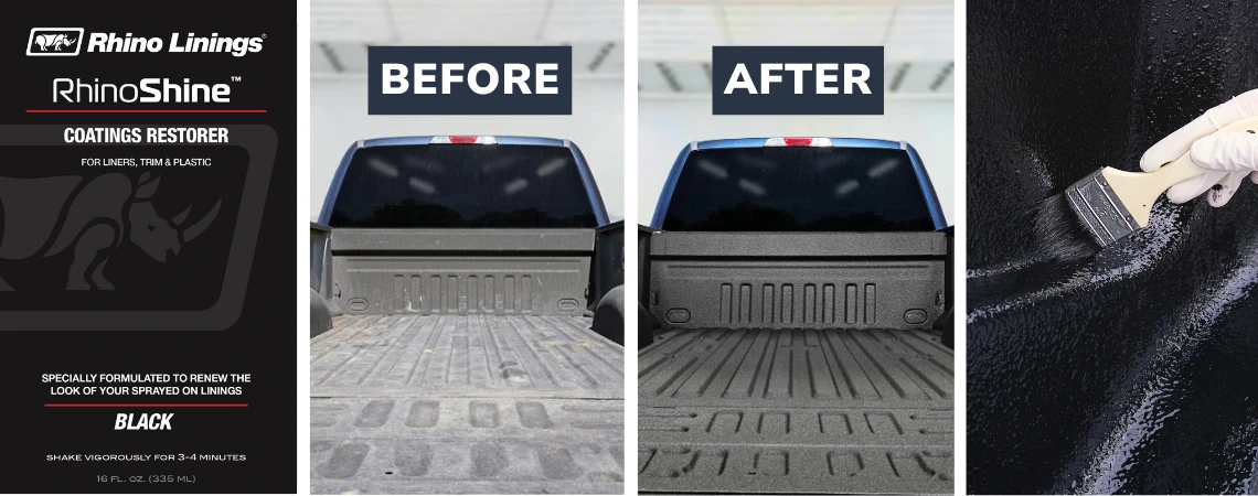 Rhino Shine jumbotron 1140×545 Image of a worn truck bed compared to a truck bed that has been renewed using a Rhino Linings product called Rhino Shine
