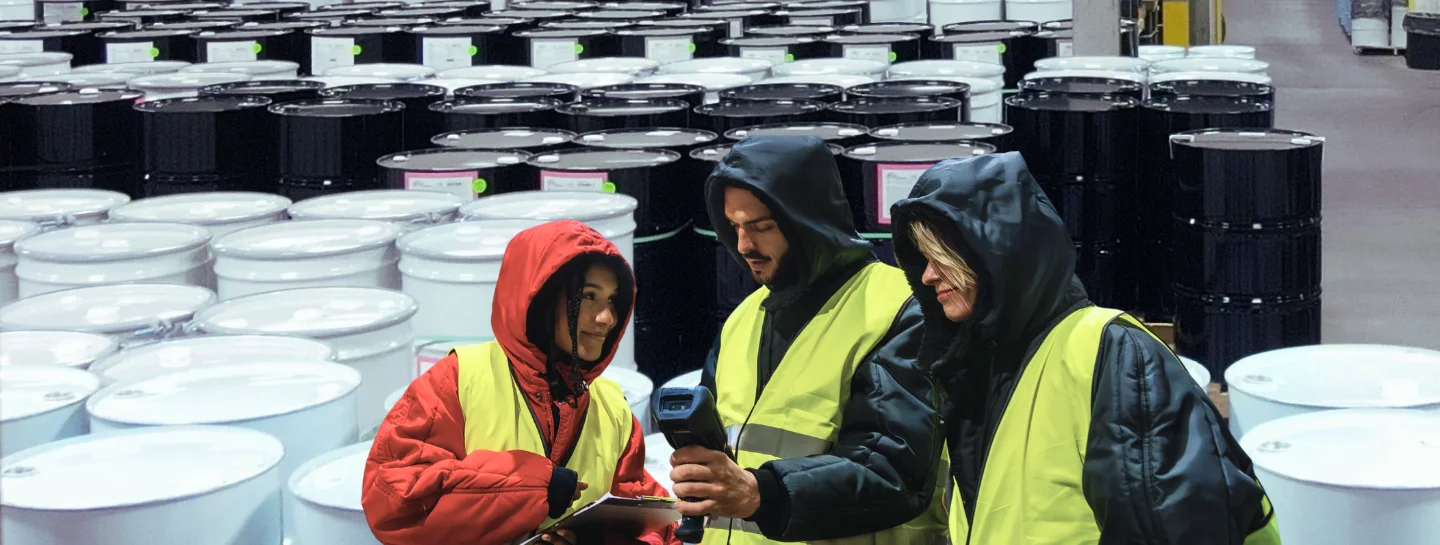 des personnes vêtues de vêtements chauds par temps froid à l'intérieur d'un entrepôt rempli de fûts