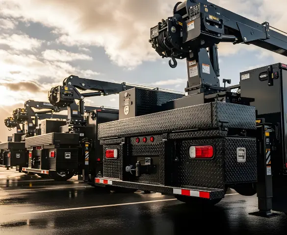 Vista lateral trasera de tres furgonetas de trabajo aparcadas una al lado de la otra, con revestimientos protectores en el parachoques y la caja de herramientas