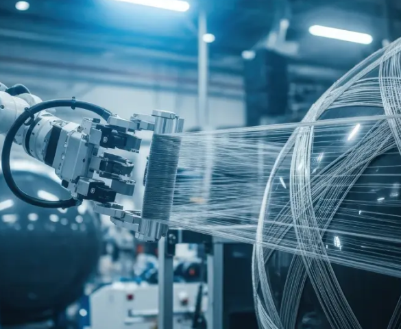 Robotic arm guiding tensioned composite fibers around shape.